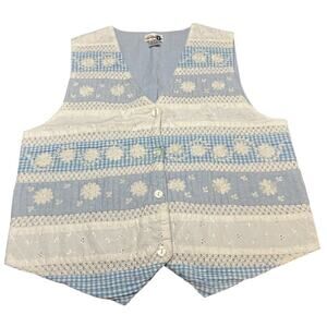Vtg 90s Paul Harris Gingham Lace Button Vest Sz M Blue Cream Floral Cottage Twee
